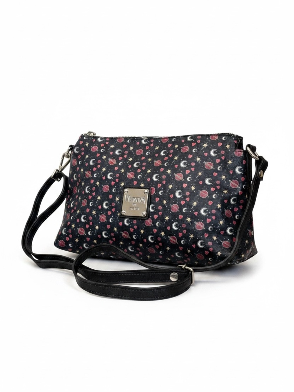 Valentina Black Crossbody Bag with Pink Heart & Moon Print NWT